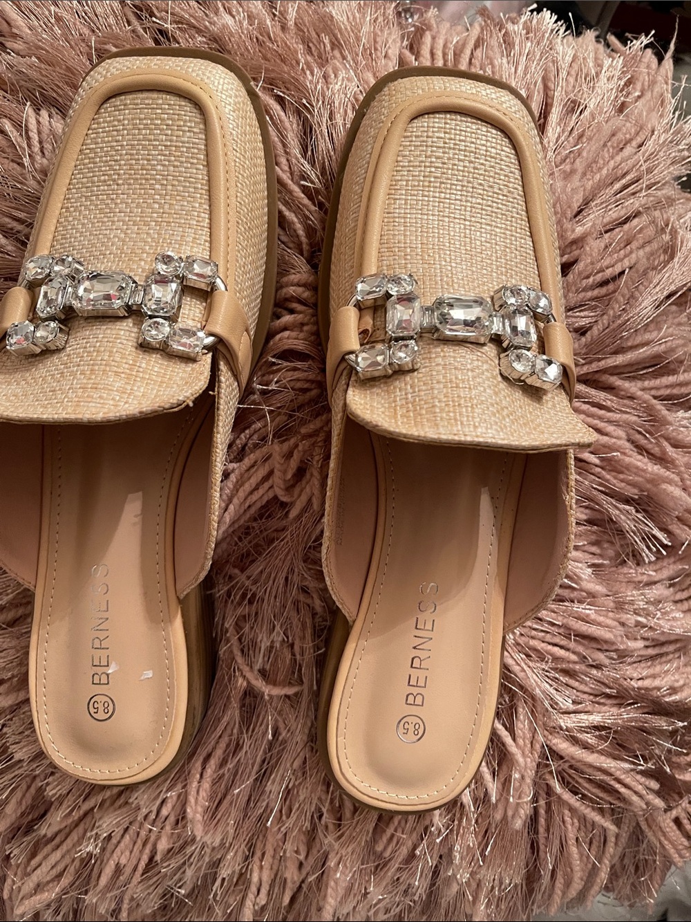 Berness Beige Crystal-Trim Woven Mule Loafers for Women